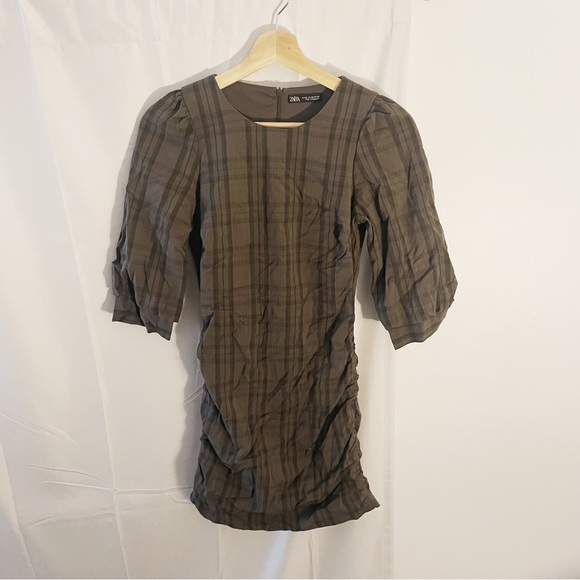 Zara- Plaid Olive Green Ruched Dress (new without tags) - Picture 4 of 6
